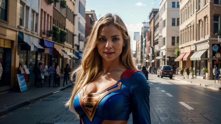 a beautiful realistic supermodel woman, perfect body, fair skin, blonde hair, blue eyes, long hair, confident smile, dressed as supergirl, dynamic pose, in an urban city, (best quality,4k,8k,highres,masterpiece:1.2),ultra-detailed,(realistic,photorealistic,photo-realistic:1.37),intricate details, high resolution, sharp focus, cinematic lighting, vibrant colors, dynamic composition
