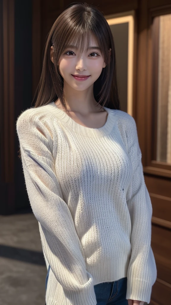 1 Japanese girl,(White sweater:1.4), (RAW Photos, highest quality), (Realistic, Realistic:1.4), Tabletop, Very delicate and beautiful, Very detailed, 8k wallpaper, wonderful, In detail, Very detailedなCG Unity, High resolution, Soft Light, Beautiful details 19 years old, Very detailedな目と顔, Beautiful and sophisticated nose, Beautiful details,Cinema Lighting,Perfect Anatomy,Slender body,smile  (Asymmetrical bangs,)