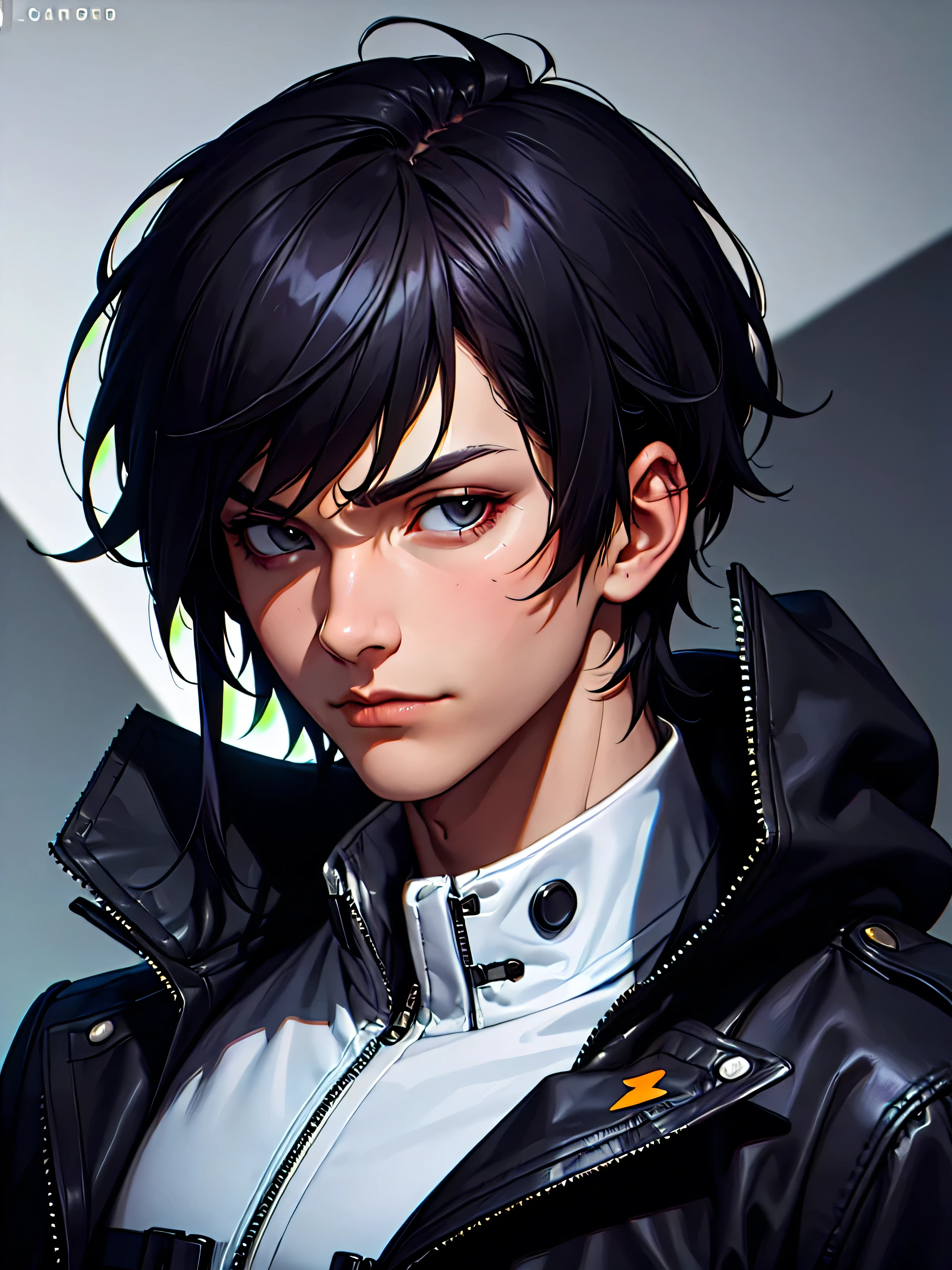 ((Portrait)), He has a Nonchalant, Black-Haired Appearance, with Youthful Charm and a Slim, Slightly Fit Build. He Expresses an Indifferent and Lazy Look, Giving Off a Carefree Attitude. He has Light Gray Eyes, His Hair is Short and Tousled, Jet Black, with Uneven Strands Falling Around His Face. He Wears a Oversized, Black Bomber-Style Tactical Coat, with Hood and Tactical Straps. ((Portrait, HDR, Dark Background))