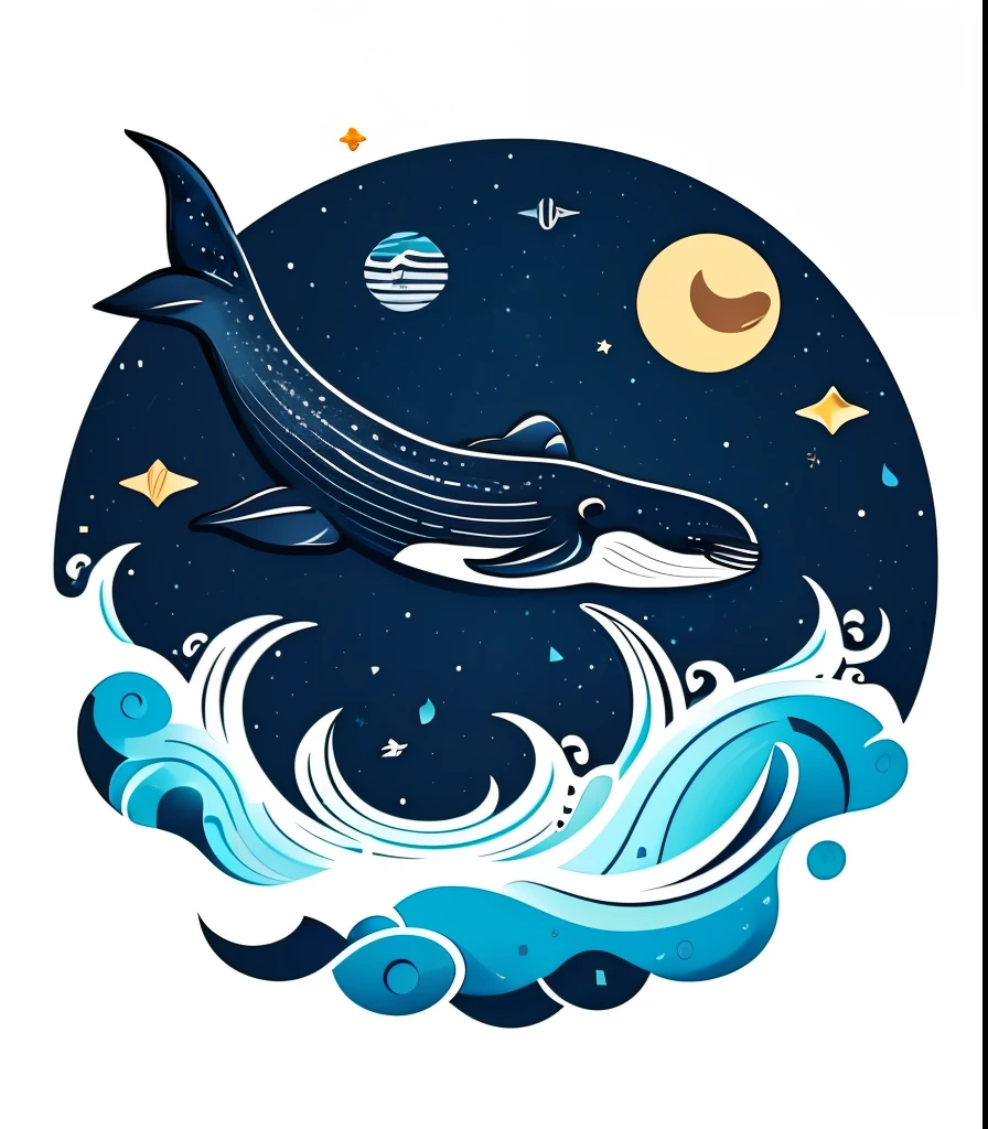 Masterpiece, best quality, very detailed, vector art, black background, an illustration of a whale floating in a starry galaxy sky