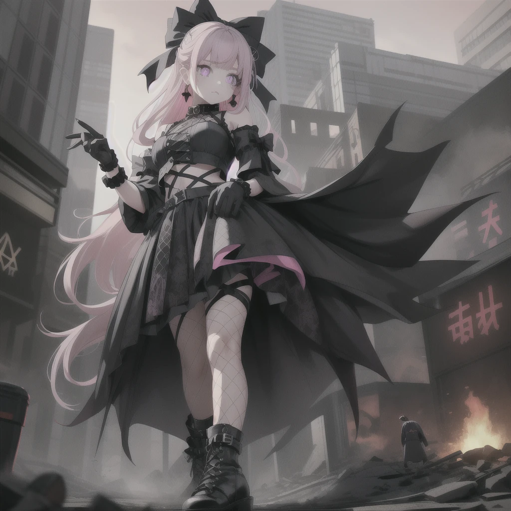 masterpiece, best quality, :/, pink hair, purple eyes, hair bow, scenery, outdoors, rampage, with tiny, tiny people, running away, scared, fire, smoke, red sky, ground view, from below, standing,goth,mall outfit,pentagram earrings,black lipstick,obscured by fog,face obscured, pinkplatform boots,fingreless gloves,hotopic outfit,secenmo hair style,cute but scary,mature lady,big bosom,black and white hair bow,goth gal,pink boots,chocker,GtsGiga, giantess art,fishnets,Gtscity,cityscape, bkack crop top