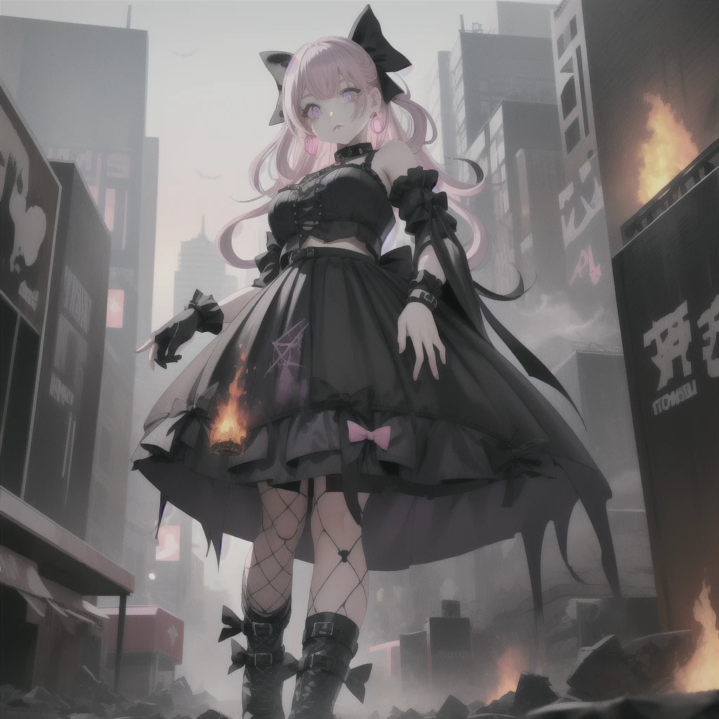 masterpiece, best quality, :/, pink hair, purple eyes, hair bow, scenery, outdoors, rampage, with tiny, tiny people, running away, scared, fire, smoke, red sky, ground view, from below, standing,goth,mall outfit,pentagram earrings,black lipstick,obscured by fog,face obscured, pinkplatform boots,fingreless gloves,hotopic outfit,secenmo hair style,cute but scary,mature lady,big bosom,black and white hair bow,goth gal,pink boots,chocker,GtsGiga, giantess art,fishnets,Gtscity,cityscape, bkack crop top