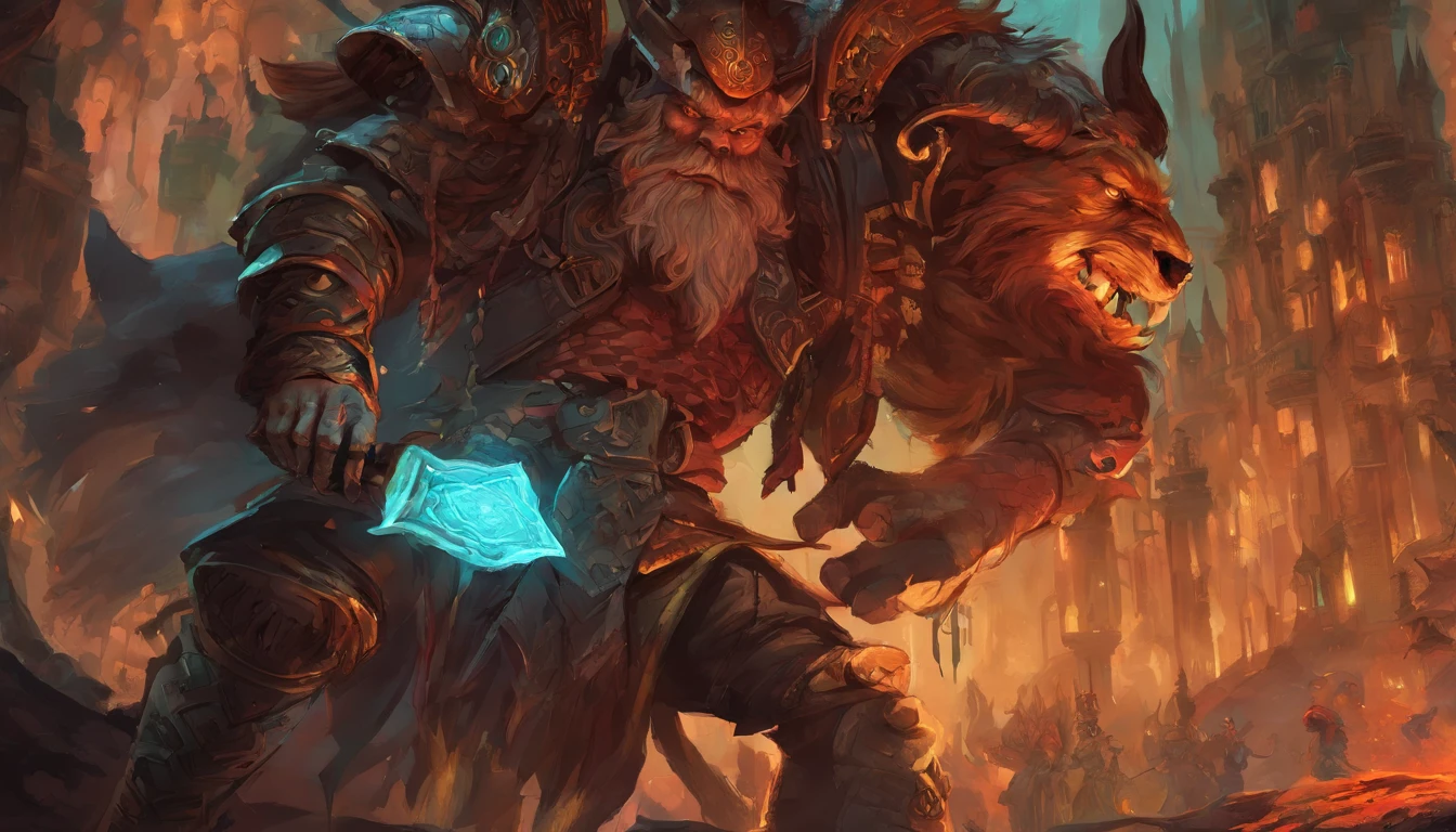 Ancient anime style, artbook, comicbook, RPG, futuristic medieval, steampunk. A fiery minotaur magic dwarf warrior, wearing battle armor with glowing magic markings, dynamic pose, full body, human face with glowing magic tribal tattoos with warm tones, minotaur features, ruby horns with glowing magic markings, minitaur tail , magical red stone skin with glowing carved marks, glowing eyes, using a technological magic long ax with glowing magic circuits. In a metropolis of a kingdom of an ancient civilization of dwarves with advanced technology, with tall buildings with neon details, mixing technology with magical vegetation, steampunk. Wide scenery, cinematic scene with several layers of depth, dynamics, magical lighting.