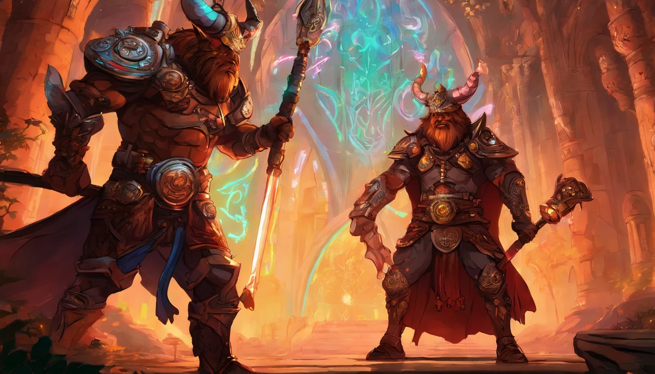 Ancient anime style, artbook, comicbook, RPG, futuristic medieval, steampunk. A fiery minotaur magic dwarf warrior, wearing battle armor with glowing magic markings, dynamic pose, full body, human face with glowing magic tribal tattoos with warm tones, minotaur features, ruby horns with glowing magic markings, minitaur tail , magical red stone skin with glowing carved marks, glowing eyes, using a technological magic long ax with glowing magic circuits. In a metropolis of a kingdom of an ancient civilization of dwarves with advanced technology, with tall buildings with neon details, mixing technology with magical vegetation, steampunk. Wide scenery, cinematic scene with several layers of depth, dynamics, magical lighting.