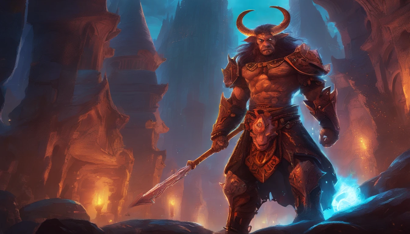 Ancient anime style, artbook, comicbook, RPG, futuristic medieval, steampunk.  A fiery minotaur magic dwarf warrior, wearing battle armor with glowing magic markings, dynamic pose, full body, human face with glowing magic tribal tattoos with warm tones, minotaur features, ruby ​​horns with glowing magic markings, minitaur tail , magical red stone skin with glowing carved marks, glowing eyes, using a technological magic long ax with glowing magic circuits.  In a metropolis of a kingdom of an ancient civilization of dwarves with advanced technology, with tall buildings with neon details, mixing technology with magical vegetation, steampunk.  Wide scenery, cinematic scene with several layers of depth, dynamics, magical lighting.