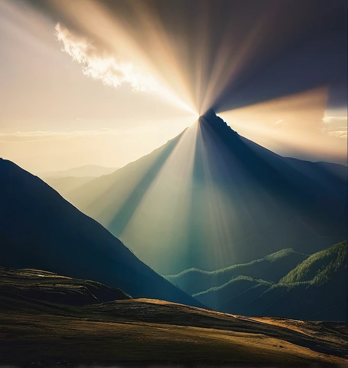 A dark mountain with rays and light