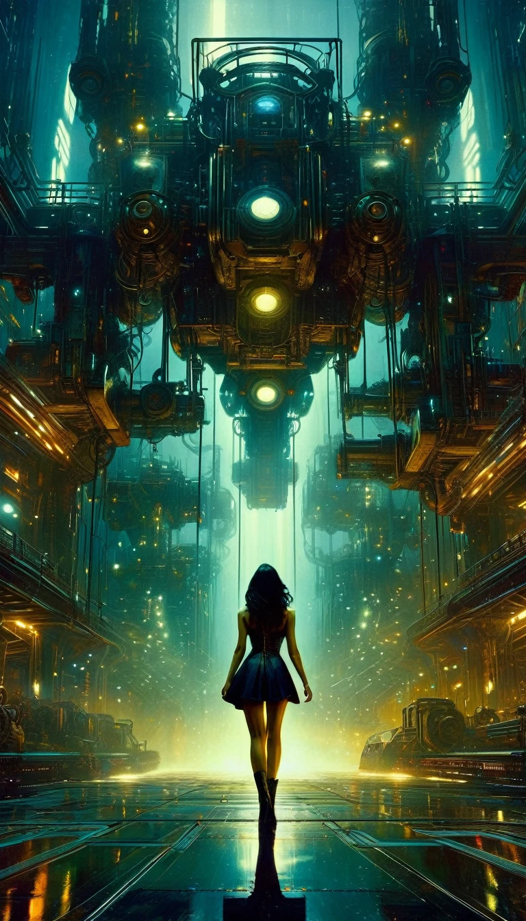 (highly detailed,cinematic lighting,dramatic colors,intricate machinery,futuristic technology,epic scale,moody atmosphere,sexy girl in scene, dark and gritty,masterpiece,best quality,8k,photorealistic,professional) (art inspired in Bill Sienkiewicz). oil painting)