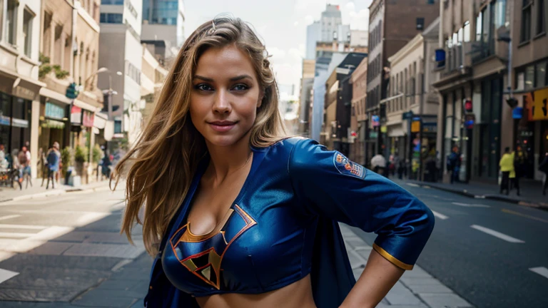a beautiful realistic supermodel woman, perfect body, fair skin, blonde hair, blue eyes, long hair, confident smile, dressed as supergirl, dynamic pose, in an urban city, (best quality,4k,8k,highres,masterpiece:1.2),ultra-detailed,(realistic,photorealistic,photo-realistic:1.37),intricate details, high resolution, sharp focus, cinematic lighting, vibrant colors, dynamic composition