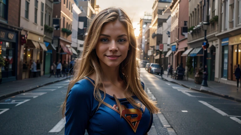a beautiful realistic supermodel woman, perfect body, fair skin, blonde hair, blue eyes, long hair, confident smile, dressed as supergirl, dynamic pose, in an urban city, (best quality,4k,8k,highres,masterpiece:1.2),ultra-detailed,(realistic,photorealistic,photo-realistic:1.37),intricate details, high resolution, sharp focus, cinematic lighting, vibrant colors, dynamic composition