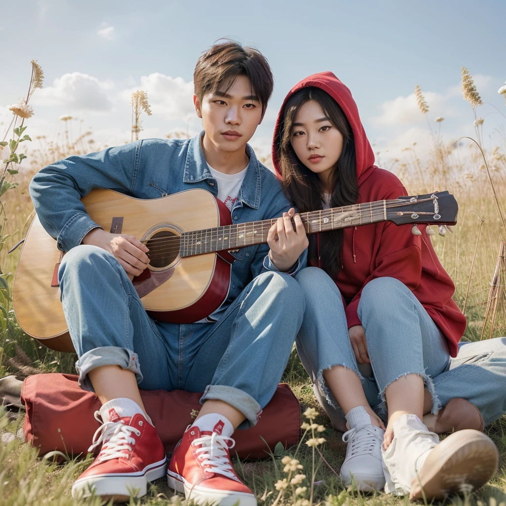 real potrait, long shot, full body, a Korean man with short hair wearing blue flannel wearing jeans wearing red shoes, is holding a guitar, Beside him was a Korean woman with long hair wearing a red hoodie, wearing jeans, white shoes, sitting together in a field full of weeds, romantic atmosphere, clear blue sky, charming bright colors