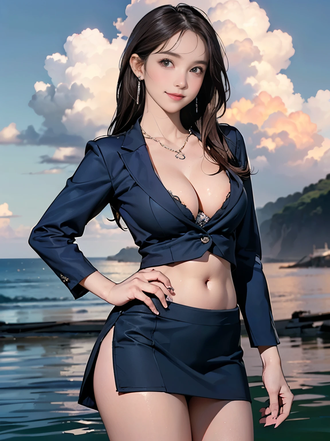 ((((Highest quality))))、(((Ultra-precision CG16K wallpaper)))、(((masterpiece)))、(((Super detailed)))、(((Extreme detail)))、((1Mature 29 year old woman:1.6))、((Very beautiful Japan face of a person))、((Urizane Face:1.8))、((Medium Straight Hair:1.8))、(Shiny Hair)、A delicately drawn beautiful face、(Dark Eyes、Reflected light from the eye)、double eyelid、High nose、Small nostrils、Small Mouth、Seductive lips、Beautiful breasts、((C cup size breasts))、Cleavage、Small belly button、Delicate nails、Beautiful feet、Thin thighs、eight-headed body、Perfect proportions、Perfect Anatomy、Perfect composition、Beautiful detailed shading、Beautiful, natural lighting、Beautiful detail glow、Depth of written boundary、(((High chroma)))、(((Real:1.9)))、((vivid:1.5))、((Beautiful Skin))、((Skin Texture))、((Realな皮膚感))、(((Cowboy Shot:1.6)))、(((front view、shoot from front、front low angle:1.6)))、(((smile:1.5)))、(((looking at viewer:1.6)))、Bright daylight、Natural light、(((background_Ocean、port、Sky and Clouds:1.5)))、(Standing pose:1.6)、(((Navy blue suit&Low rise and tight slit mini skirt:1.6)))、((necklace、Wearing earrings:1.5))、((Lace Stockings Clothed))、