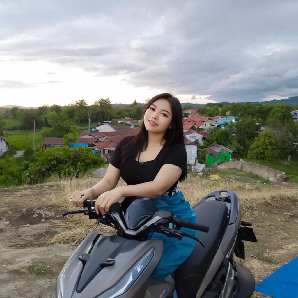 arafed woman sitting on a motorcycle on a hill overlooking a village, with sunset, during sunset, taken on go pro hero8, at the sunset, with a sunset, sunset view, sitting on a motorcycle, photo taken in 2 0 2 0, with vibrant sky, taken in 2 0 2 0, background blur, with mountains in the background