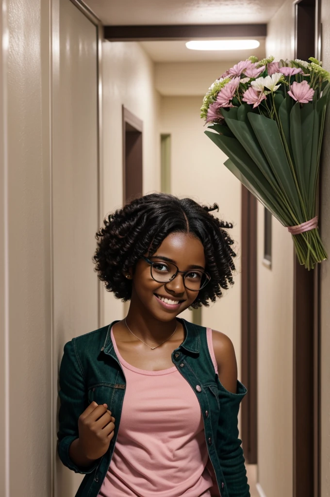 template Boku no hero academia 16 year old dark skinned girl with short shoulder length curly black hair and tired green eyes with a smile wearing soft pink frame glasses and with flowers growing in her hair in a hallway at UA