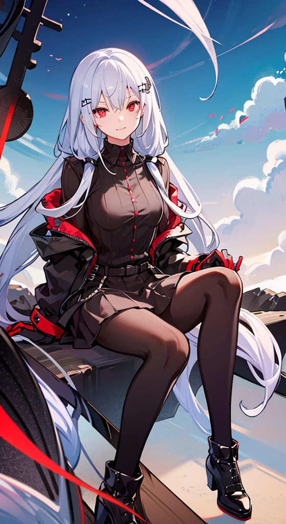 Girl with long white hair, red eyes, sitting on a guy