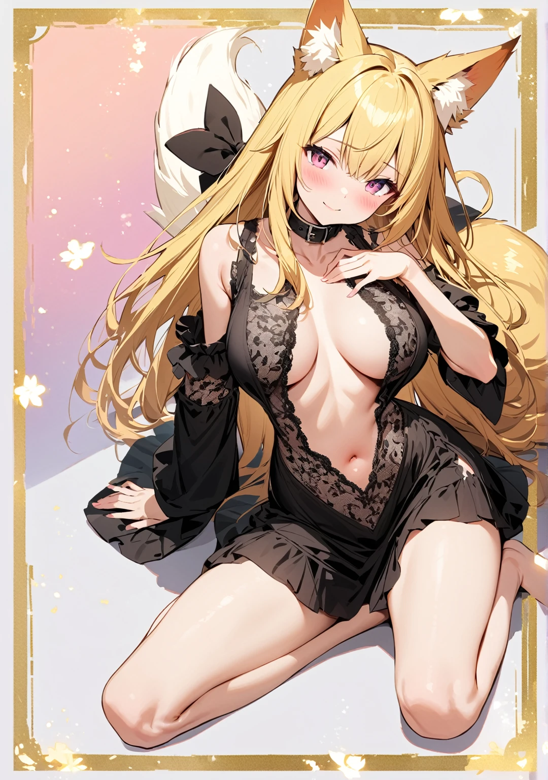 masterpiece, best quality, 1girl, solo, breasts, animal-ears, blonde-hair, looking-at-viewer, navel, collar, dress, smile, barefoot, center-opening, fox-ears, sitting, bangs, long-sleeves, hair-between-eyes, hand-on-own-chest, pink-eyes, blush, black-dress, closed-mouth, no-panties, head-tilt, wide-sleeves, cleavage, collarbone, tail, (large-breasts), simple-background, bare-legs, yokozuwari, puffy-sleeves, lace-trimmed-dress, lace-trim, very-long-hair, lace, breasts-apart, animal-ear-fluff, no-bra, bare-shoulders, thighs, black-collar, fox-girl, groin
