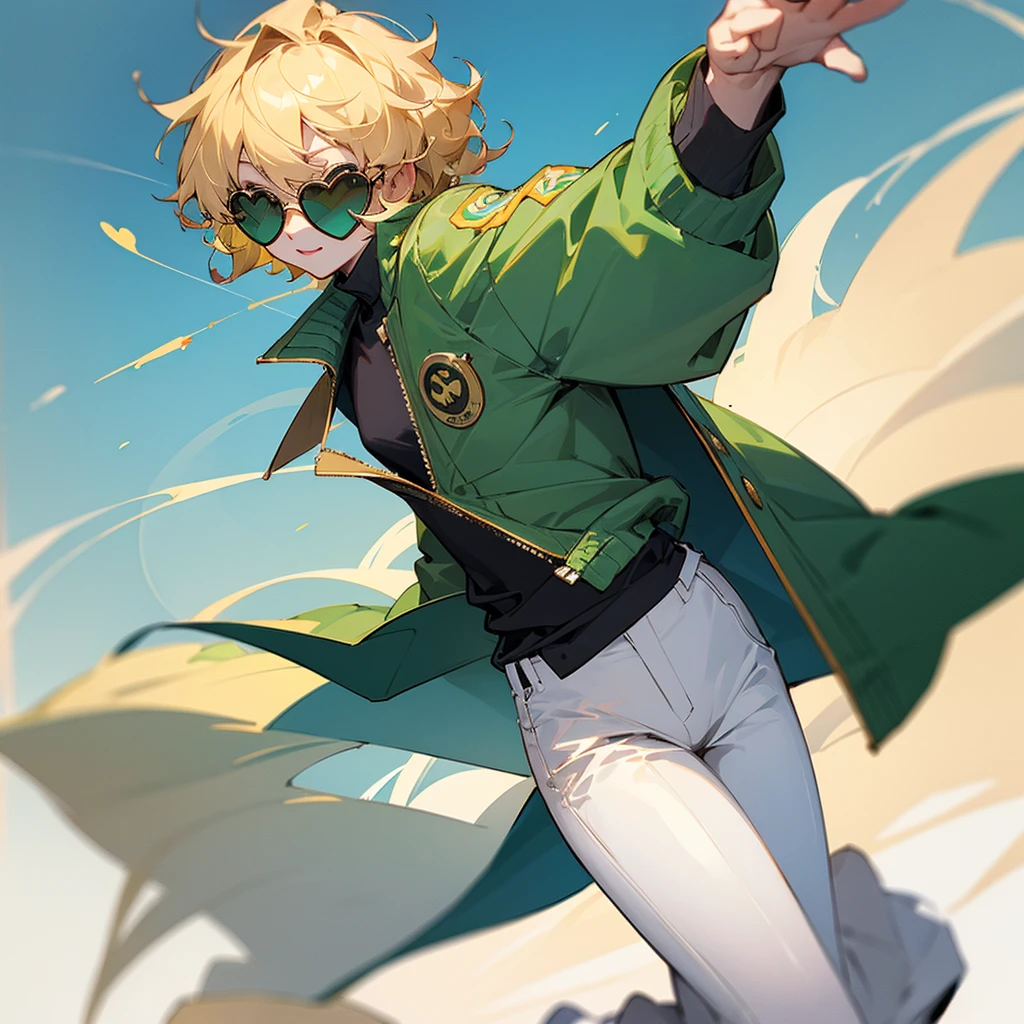 Green jacket, heart sunglasses, short blonde curly hair, white pants, Tai Chi