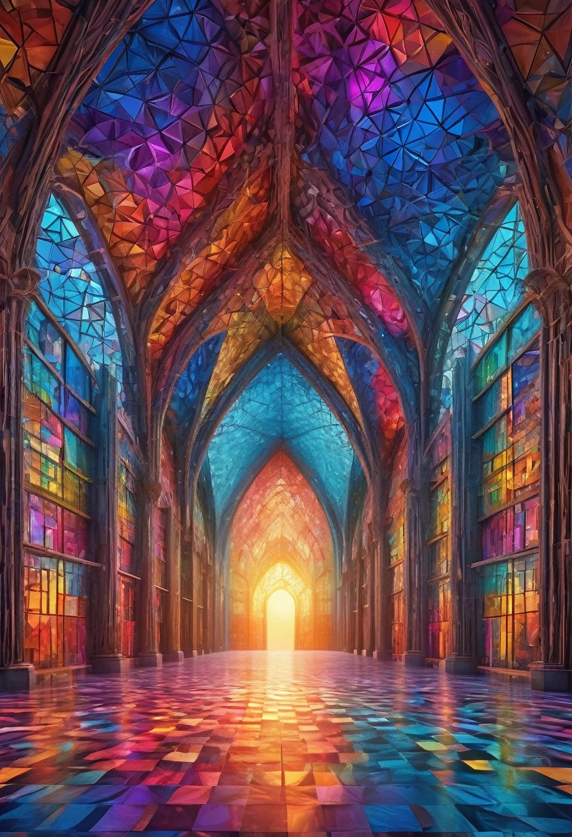 Large geometric structure, Abstraction, three dimensional structure, light penetration, Colorful gradient, Surrealism, HD Rendering, Seamless Integration,Very detailed, High Dynamic Range, Professional, Bright colors, Studio Lighting，（（（masterpiece）））， （（Highest quality））， （（Intricate details））， （（Surreal））（8K）
