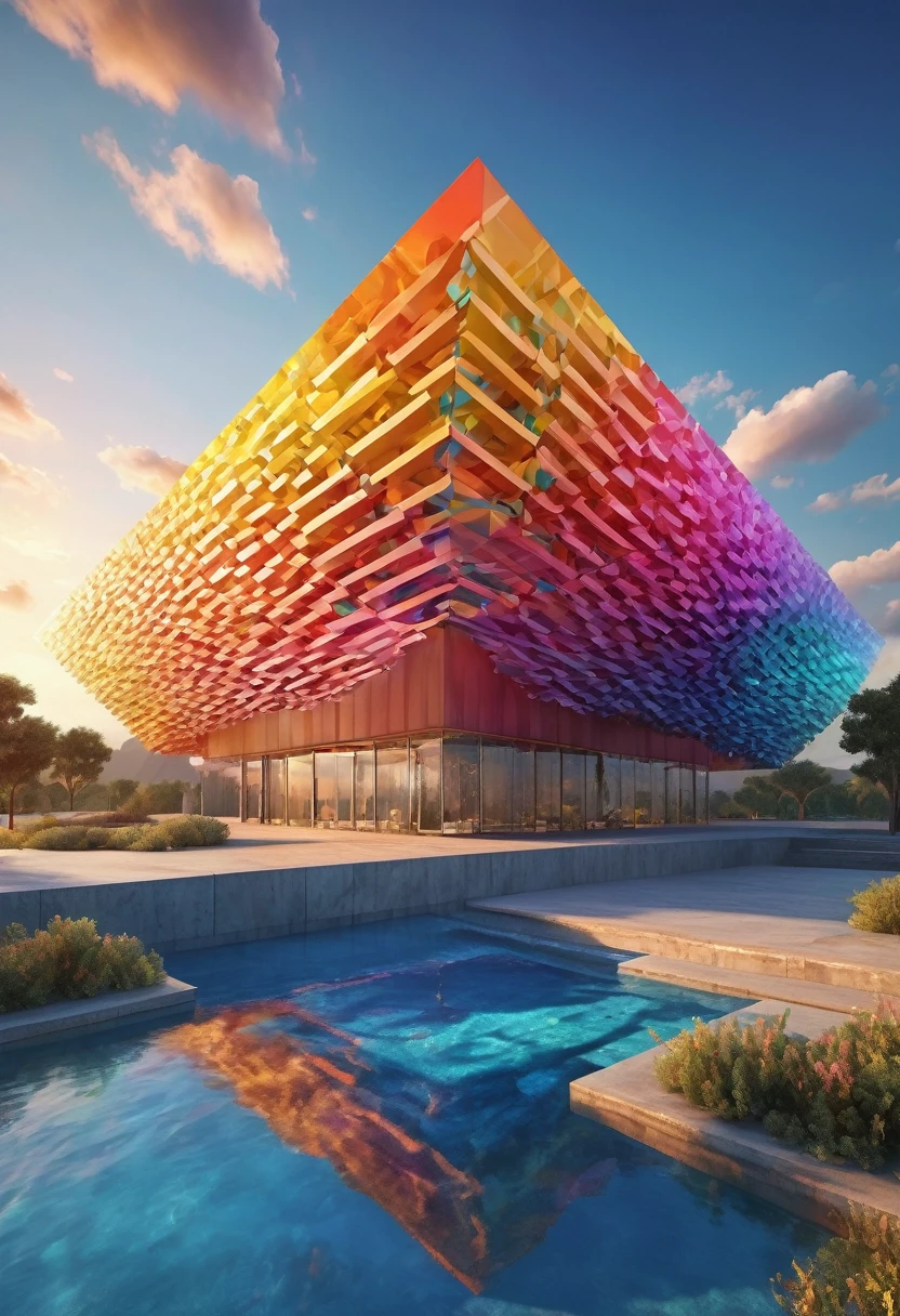 Large geometric structure, Abstraction, three dimensional structure, light penetration, Colorful gradient, Surrealism, HD Rendering, Seamless Integration,Very detailed, High Dynamic Range, Professional, Bright colors, Studio Lighting,(((masterpiece))), ((Highest quality)), ((Intricate details)), ((Surreal))(8K)