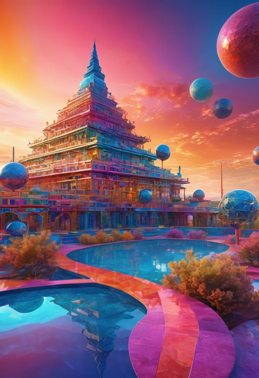 Large geometric structure, Abstraction, three dimensional structure, light penetration, Colorful gradient, Surrealism, HD Rendering, Seamless Integration,Very detailed, High Dynamic Range, Professional, Bright colors, Studio Lighting,(((masterpiece))), ((Highest quality)), ((Intricate details)), ((Surreal))(8K)