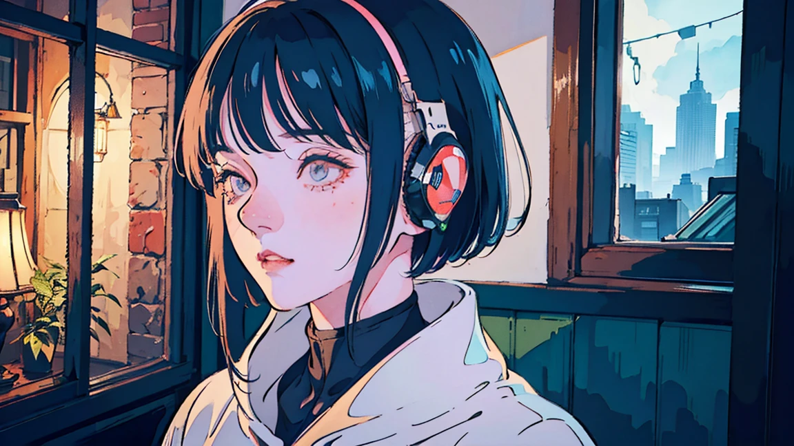 a girl listening to music in a cozy room at night, wearing headphones, 2D anime style, sci-fi, rain outside the window, analog color scheme, ghibli style, (best quality,4k,8k,highres,masterpiece:1.2),ultra-detailed,(realistic,photorealistic,photo-realistic:1.37),beautiful detailed eyes,beautiful detailed lips,extremely detailed eyes and face,longeyelashes,1girl,intricate details,soft lighting,glowing window,cozy atmosphere,rainy night,warm colors,peaceful mood