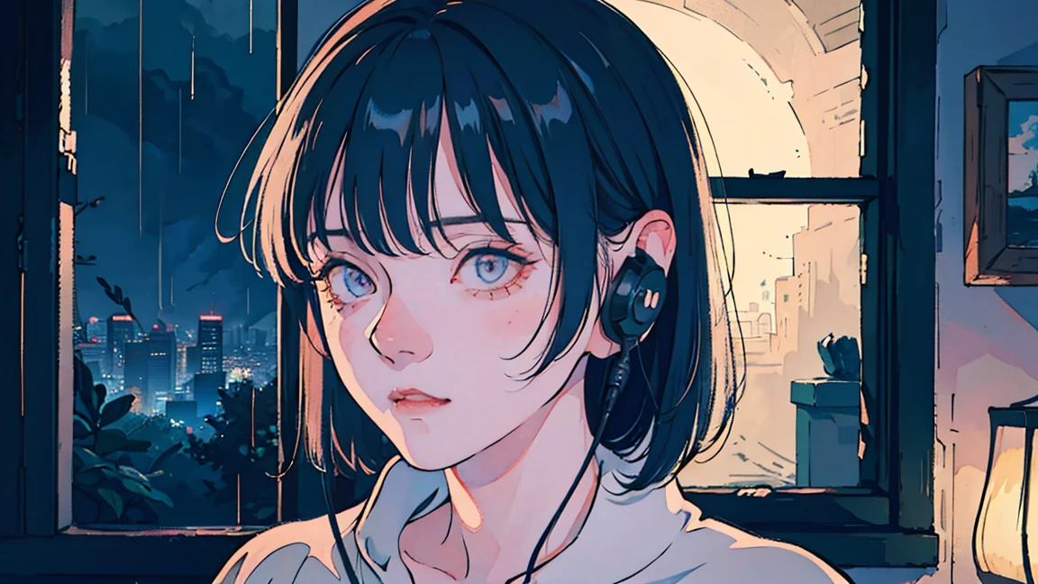 a girl listening to music in a cozy room at night, wearing headphones, 2D anime style, sci-fi, rain outside the window, analog color scheme, ghibli style, (best quality,4k,8k,highres,masterpiece:1.2),ultra-detailed,(realistic,photorealistic,photo-realistic:1.37),beautiful detailed eyes,beautiful detailed lips,extremely detailed eyes and face,longeyelashes,1girl,intricate details,soft lighting,glowing window,cozy atmosphere,rainy night,warm colors,peaceful mood