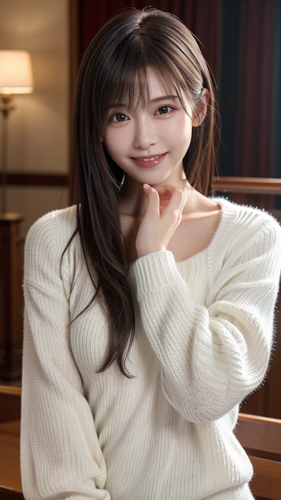 1 Japanese girl,(White sweater:1.4), (RAW Photos, highest quality), (Realistic, Realistic:1.4), Tabletop, Very delicate and beautiful, Very detailed, 8k wallpaper, wonderful, In detail, Very detailedなCG Unity, High resolution, Soft Light, Beautiful details 19 years old, Very detailedな目と顔, Beautiful and sophisticated nose, Beautiful details,Cinema Lighting,Perfect Anatomy,Slender body,smile (Asymmetrical bangs,)