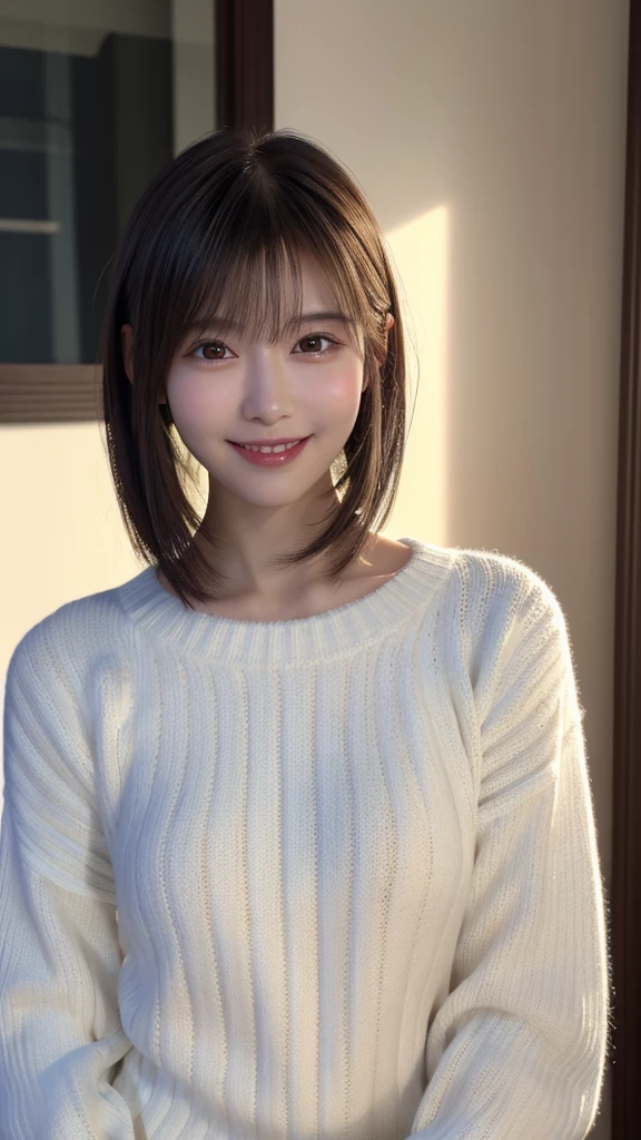 1 Japanese girl,(White sweater:1.4), (RAW Photos, highest quality), (Realistic, Realistic:1.4), Tabletop, Very delicate and beautiful, Very detailed, 8k wallpaper, wonderful, In detail, Very detailedなCG Unity, High resolution, Soft Light, Beautiful details 19 years old, Very detailedな目と顔, Beautiful and sophisticated nose, Beautiful details,Cinema Lighting,Perfect Anatomy,Slender body,smile (Asymmetrical bangs,)
