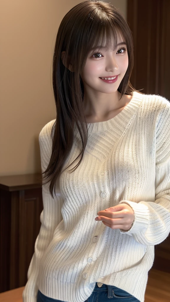 1 Japanese girl,(White sweater:1.4), (RAW Photos, highest quality), (Realistic, Realistic:1.4), Tabletop, Very delicate and beautiful, Very detailed, 8k wallpaper, wonderful, In detail, Very detailedなCG Unity, High resolution, Soft Light, Beautiful details 19 years old, Very detailedな目と顔, Beautiful and sophisticated nose, Beautiful details,Cinema Lighting,Perfect Anatomy,Slender body,smile (Asymmetrical bangs,)