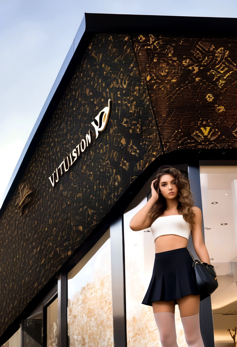 21-year-old girl, brunette, with wavy hair, stands in front of a Louis Vuitton shop, touching her hair. She showcases a slender figure and a model-like appearance, wearing Louis Vuitton pantyhose and a Louis Vuitton crop top, capturing the elegance and sophistication of the moment. Emphasizing the beauty of the surroundings, she exudes a stylish presence, big breasts, the image is taken from the front, providing a beautiful and alluring gaze, she lifts her skirt to show her pantyhose