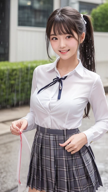 ((smile))、Confused、RAW Photos、(((The ultimate portrait masterpiece)))、((The cutest girl in the world))、1 Girl、、Japanese、Cute face、((Silky Hair))、(A high ponytail tied with a ribbon:1.4)、((Super huge breasts:1.4))、((Eyes that shine like jewels))、Glowing Skin、(young woman;Consisting of a transparent white shirt, Thin ribbon, blazer, Breathable check pattern pleated skirt.:1.5)、Winter clothes、(Uniforms made from high-quality, breathable fabric:1.4)、Ultra-detailed uniforms、(She shyly pulls up her skirt:1)、(Breathable lace panties are visible.:1.3)、((Crotch from the front))、Skirt fluttering in the wind、eyeliner、Beautiful Bangs、Hair between the eyes、((solve、High resolution))、Detailed Background、8 QHD、Digital SLR、Soft Light、high solve、Film Grain、Fujifilm XT3、Shallow depth of field、自然なSoft Light、Tight waist,(sometimes upskirt:30%),(Nipples pumping:20% or pussy line pumping:20%),(Get wet from heavy snow:50% or get wet in heavy rain:50%)