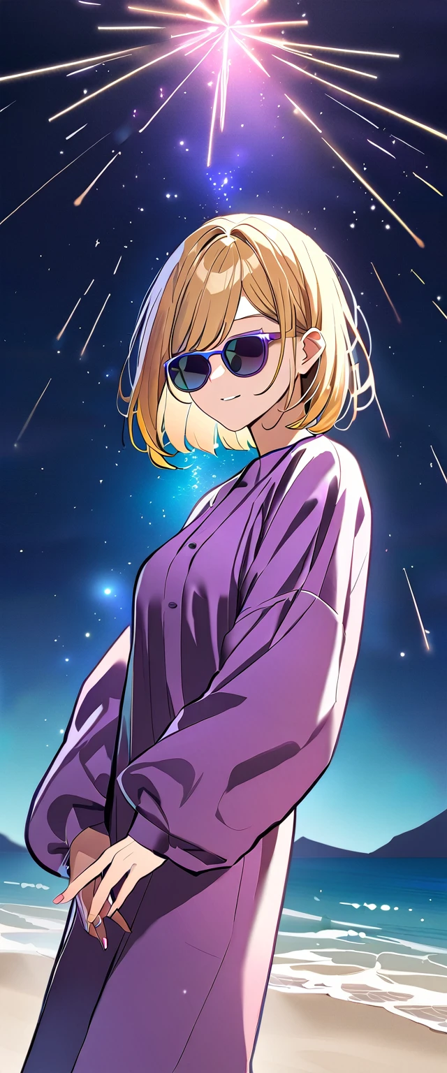 ((sea, beach)), out door, bare legs, ((A meteor shower dancing in the night sky, countless stars twinkling in the clear air)), (((sunglasses, hand to sunglasses))), (((cowboy shot))), ((wavy hair, inward curled hair)), ((night)), ((blond hair, bob cut:1.3)), breasts, ager, (looking at viewer), oversized clothes, puffy long sleeves, ((off-shoulder sweater:1.3, Quite thick shoulder straps)), ((black sweater)), collarbone, head tilt:1.3, (((blue eyes))), ((happy smile)), (((anime style))), (best quality, 4K, 8K, highres, masterpiece:1.2, ultra-detailed, ultra-detailed eyes, HDR, uhd, studio lighting, ultra-fine painting, sharp focus, physically-based rendering, extreme detail description, professional, vivid colors, bokeh)