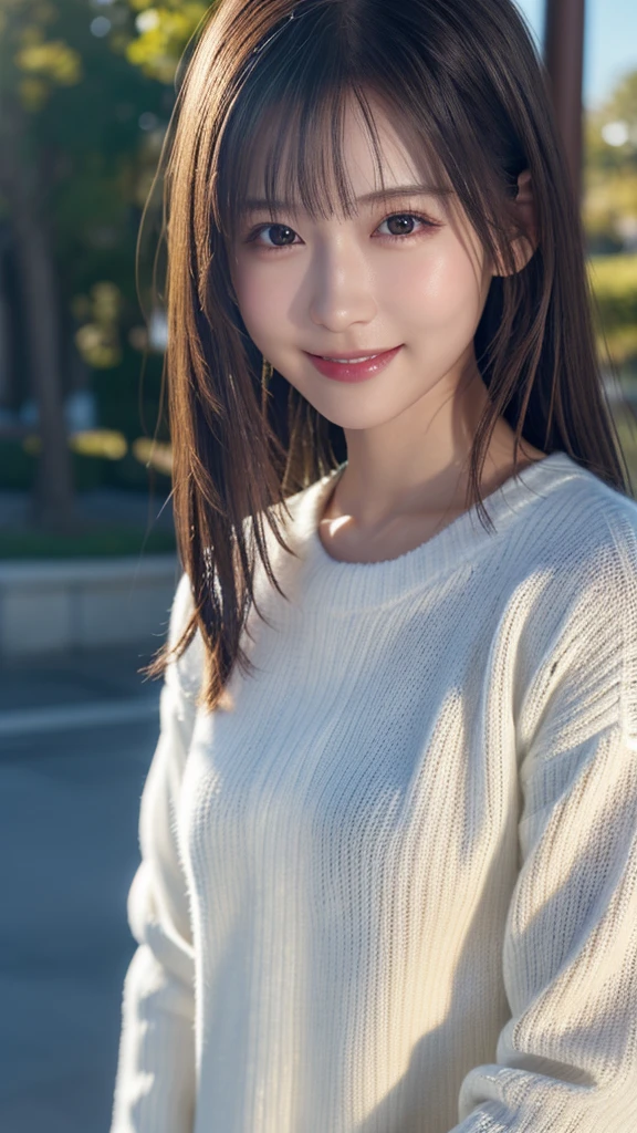 1 Japanese girl,(White sweater:1.4), (RAW Photos, highest quality), (Realistic, Realistic:1.4), Tabletop, Very delicate and beautiful, Very detailed, 8k wallpaper, wonderful, In detail, Very detailedなCG Unity, High resolution, Soft Light, Beautiful details 19 years old, Very detailedな目と顔, Beautiful and sophisticated nose, Beautiful details,Cinema Lighting,Perfect Anatomy,Slender body,smile (Asymmetrical bangs,)