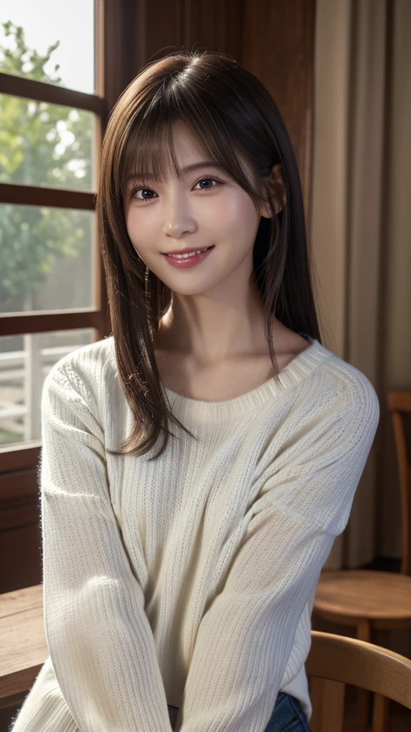 1 Japanese girl,(White sweater:1.4), (RAW Photos, highest quality), (Realistic, Realistic:1.4), Tabletop, Very delicate and beautiful, Very detailed, 8k wallpaper, wonderful, In detail, Very detailedなCG Unity, High resolution, Soft Light, Beautiful details 19 years old, Very detailedな目と顔, Beautiful and sophisticated nose, Beautiful details,Cinema Lighting,Perfect Anatomy,Slender body,smile (Asymmetrical bangs,)