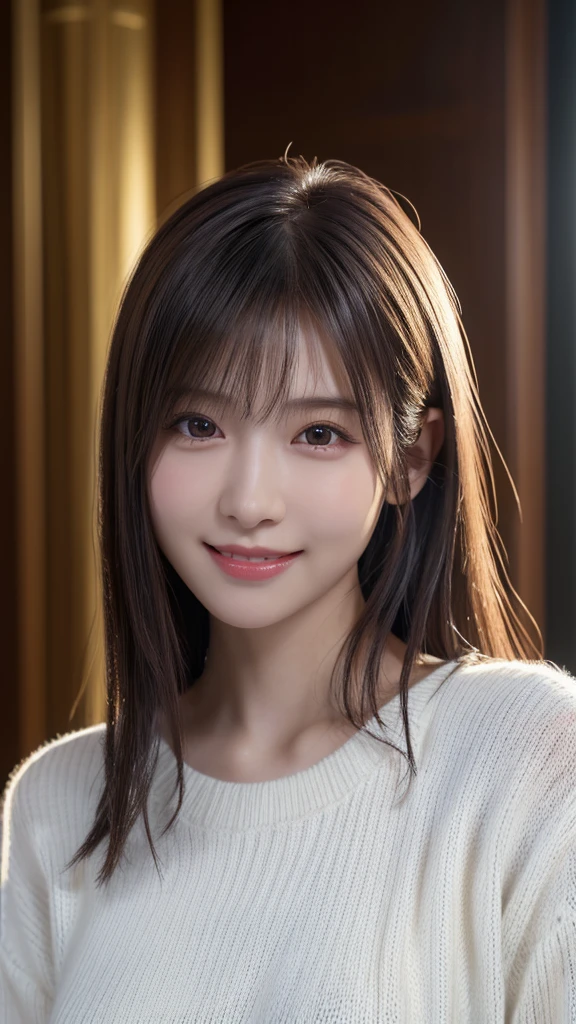 1 Japanese girl,(White sweater:1.4), (RAW Photos, highest quality), (Realistic, Realistic:1.4), Tabletop, Very delicate and beautiful, Very detailed, 8k wallpaper, wonderful, In detail, Very detailedなCG Unity, High resolution, Soft Light, Beautiful details 19 years old, Very detailedな目と顔, Beautiful and sophisticated nose, Beautiful details,Cinema Lighting,Perfect Anatomy,Slender body,smile (Asymmetrical bangs,)