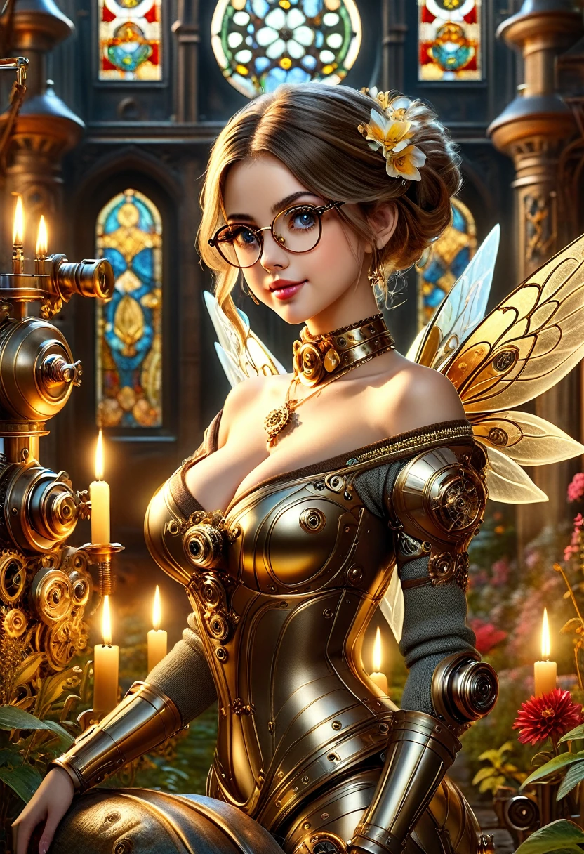 masterpiece, best quality, highly detailed, 1girl, solo, twintails, off-shoulder sweater, choker, large glasses, gold locket, jacket, hairband, looking at viewer, smile, blush, Wide Smile, Eyes Detailed & Wide, sexy Pose. Ultra HD, Rococo-Inspired Fantasy Art With Intricate Details. Cute, Charming Expression, Alluring-Gaze, looking at viewer Beautiful Eyes, An-Ideal-Figure. Large Youthful Well-Shaped-Breasts, Massive-Round-Bosom, Décolletage. slim waist, fit body, full lipsWarm lights , woman in a dreamy forest at night, with fluffy hair, delicate face, realistic, real, slim, large aperture, sexy shots, attractive poses,Stunnin gly beautiful merge of Scarlett Johanson. Alison Brie, Selena Gomez. symmetrical face, photorealistic, photography, path tracing, specular lighting, volumetric face light, path traced hairmaximum quality{(masutepiece) (8K High Resolution) (top-quality) In the style of breath of the wild.medieval monastery garden,steampunk robot monk,beautiful ornate architecture,steampunk machinery and gears,exquisite stained glass windows,enchanted flower garden,ancient stone walkway with intricate carvings,glowing candles and dimly lit atmosphere,steam and smoke billowing from the machinery,mystical atmosphere,peaceful and serene setting,mechanical wings attached to the robot monk's back,robot monk with intricate clockwork mechanisms,electromechanical eyes glowing with energy,warm golden color palette,gentle sunlight streaming through the stained glass windows,whispering sound of wind and rustling leaves,the scent of aged books and incense,notes of ancient Gregorian chants echoing in the air,sense of awe and tranquility,combination of futuristic and medieval elements,harmony of technology and spirituality.