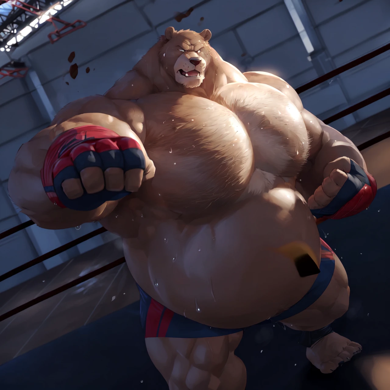((solo)), (anthro:1.2) bear (lora; little john), adult, (athletic:1.4), (dense muscles), (super strong:1.4), (correct anatomy:1.2), (broad shoulders:1.2), (heavy build, massive body:1.6), (realistic fur, detailed brown fur texture:1.3), kickboxing martial arts tournament background (corner of the kickboxing MMA ring:1.6), photorealistic, (black compression shorts), (bare torso:1.4), (footwear:1.2), (detailed clothing), hyperrealistic, ultradetailed, (by wfa:1.2), (by takemoto_arashi, by vorusuarts, by Traver009:1, by grimfaust:1), natural lighting, (wet. sweat:1.4), exhausted, ursine head (open eyes, brown mane), (steaming breath:1.2), ((serious:1.4) expression), (punching:1.4), (kicking:1.6), (view from center:1.4)
