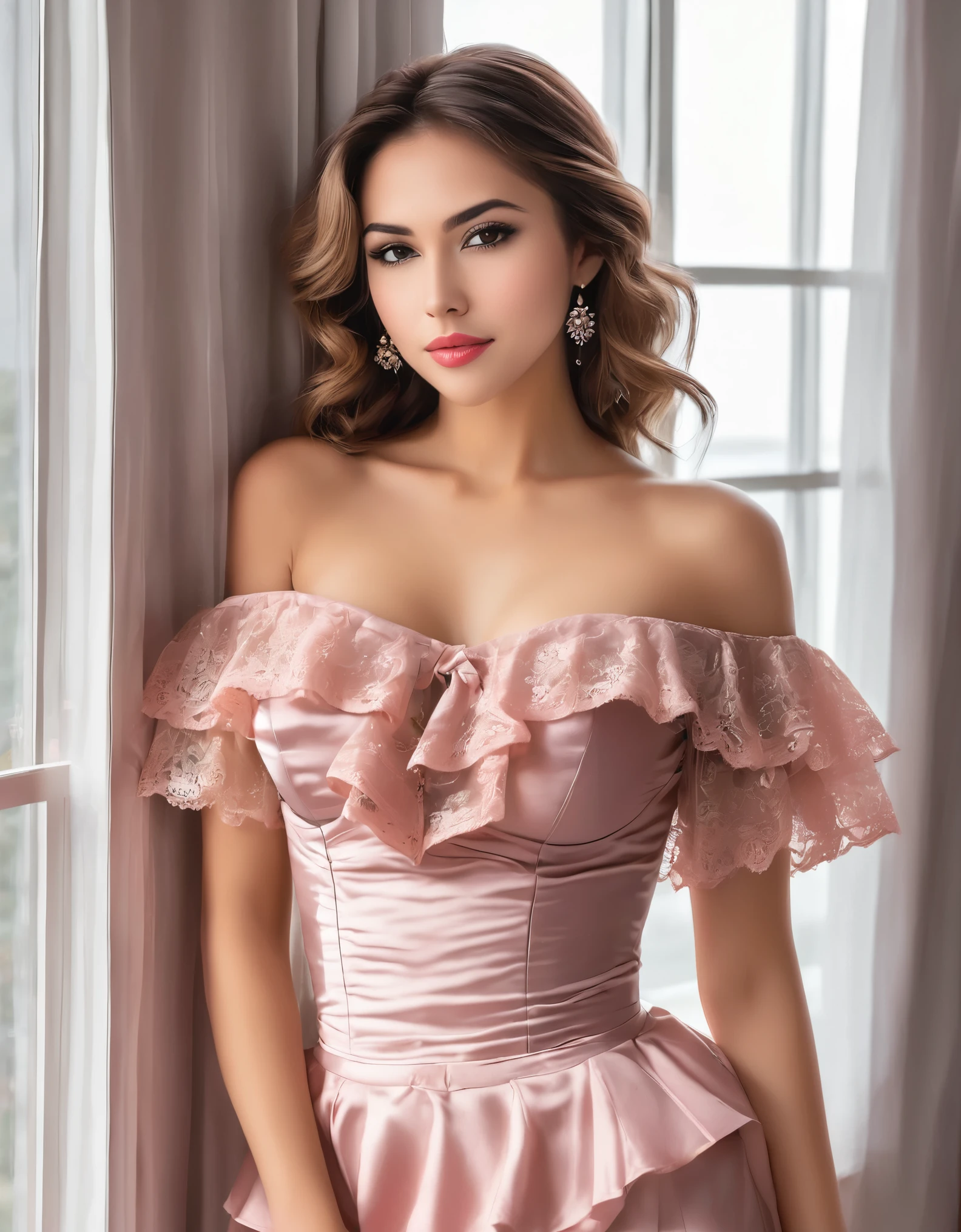 a woman standing by a window, looking over her shoulder towards the camera. She has wavy, light brown hair and is wearing makeup, including red lipstick. Her outfit is a lacy, pink and black lingerie set with ruffled edges and off-the-shoulder sleeves. The window has sheer pink curtains, and there is a green plant visible on a table near the window. The overall atmosphere is elegant and sensual, with soft natural light illuminating the scene. Full body view