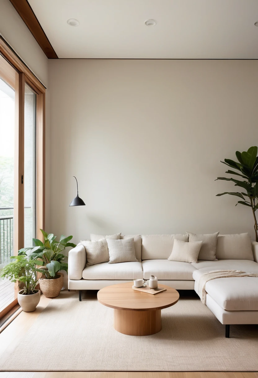 Minimalist Muji-style living room, neutral color palette, natural materials, soft lighting, low-profile white couch, wooden chair, natural wood coffee table, indoor plants, minimalist wall art, woven rug, natural light, tranquility, functionality, harmonious blend, large doors look to balcony on the right, The room is free of clutter, emphasizing functionality and simplicity, characteristic of the Muji style.
The ceiling is flat with recessed downlights arranged in a sparse, straight line pattern, providing subtle and even illumination throughout the room.
((8k)), high quality detail, soft lighting, minimalist design, neutral color palette, natural materials, clean lines, serene and inviting, modern Japanese aesthetic, flat ceiling, recessed downlights.