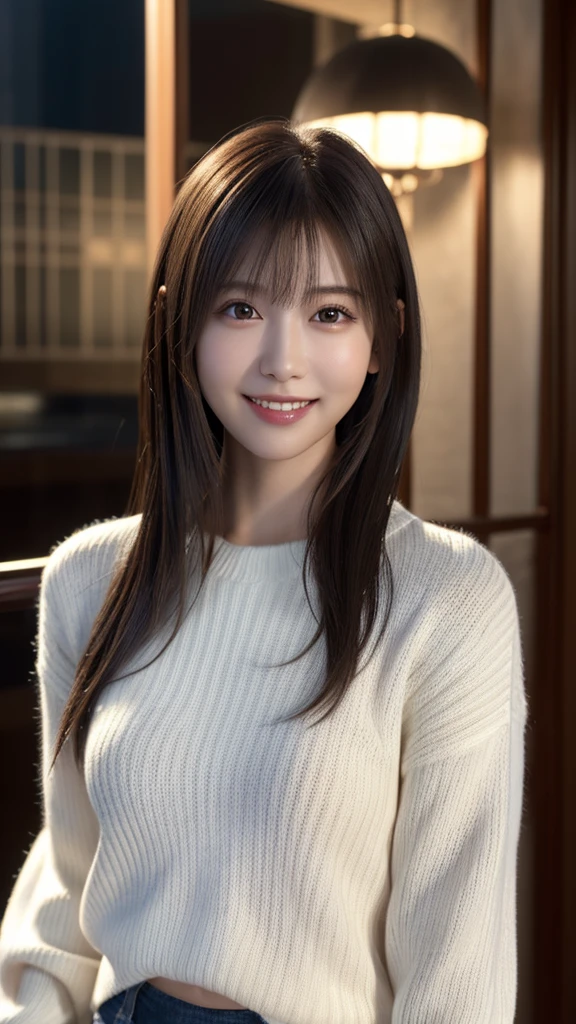 1 Japanese girl,(White sweater:1.4), (RAW Photos, highest quality), (Realistic, Realistic:1.4), Tabletop, Very delicate and beautiful, Very detailed, 8k wallpaper, wonderful, In detail, Very detailedなCG Unity, High resolution, Soft Light, Beautiful details 19 years old, Very detailedな目と顔, Beautiful and sophisticated nose, Beautiful details,Cinema Lighting,Perfect Anatomy,Slender body,smile (Asymmetrical bangs,)