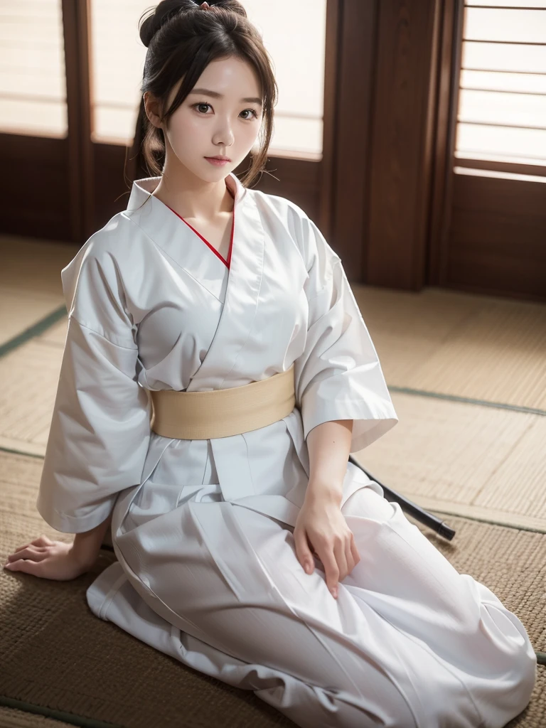 bow道、White Haori、Enji no Hakama、bow、(Highest quality)、((Very detailed))、4K、(8K)、masterpiece、Very detailedな、Highest quality、Super Resolution、1 person、Kind Face、Soft Light、RAW quality、Soft Skin、163cm、30 years old、Thighs