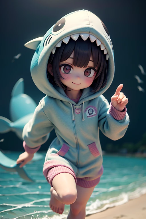 (Highest quality,8K,High resolution, masterpiece:1.2), Super detailed, High resolution, 超High resolution, Studio Lighting, Ultra-fine painting, Sharp focus, Physically Based Rendering, Very detailed explanation, Professional, Vibrant colors, Bokeh, Portraiture, Concept Artist, Warm color palette, Dramatic lighting in a sunny day at the aquarium, A girl in a shark costume is running on the beach,Smile,