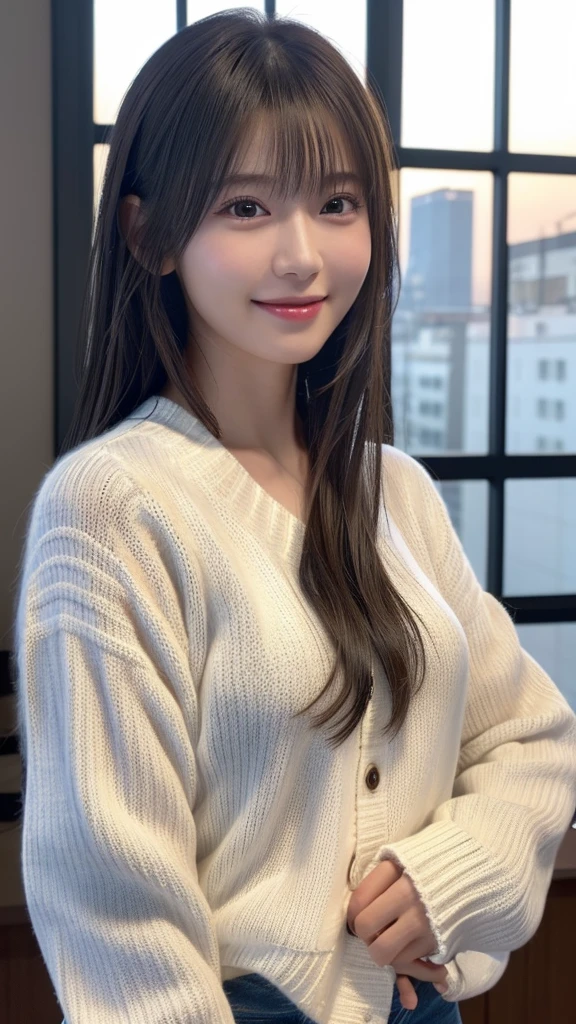 1 Japanese girl,(White sweater:1.4), (RAW Photos, highest quality), (Realistic, Realistic:1.4), Tabletop, Very delicate and beautiful, Very detailed, 8k wallpaper, wonderful, In detail, Very detailedなCG Unity, High resolution, Soft Light, Beautiful details 19 years old, Very detailedな目と顔, Beautiful and sophisticated nose, Beautiful details,Cinema Lighting,Perfect Anatomy,Slender body,smile  (Asymmetrical bangs,)