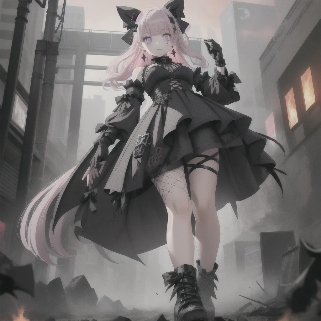 masterpiece, best quality, :/, pink hair, purple eyes,  hair bow, scenery, outdoors,  rampage, with tiny, tiny people, running away, scared, fire, smoke, red sky, ground view, from below, standing,goth,mall outfit,pentagram earrings,black lipstick,obscured by fog,face obscured,  pinkplatform boots,fingreless gloves,hotopic outfit,secenmo hair style,cute but scary,mature lady,big bosom,black and  white hair bow,goth gal,pink boots,chocker,GtsGiga, giantess  art,fishnets,Gtscity,cityscape, black crop top ,solo one girl