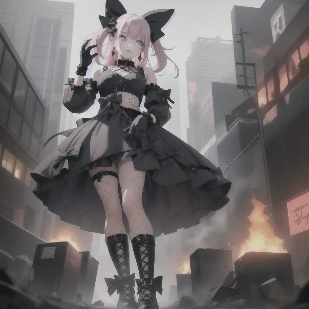 masterpiece, best quality, :/, pink hair, purple eyes,  hair bow, scenery, outdoors,  rampage, with tiny, tiny people, running away, scared, fire, smoke, red sky, ground view, from below, standing,goth,mall outfit,pentagram earrings,black lipstick,obscured by fog,face obscured,  pinkplatform boots,fingreless gloves,hotopic outfit,secenmo hair style,cute but scary,mature lady,big bosom,black and  white hair bow,goth gal,pink boots,chocker,GtsGiga, giantess  art,fishnets,Gtscity,cityscape, black crop top ,solo one girl