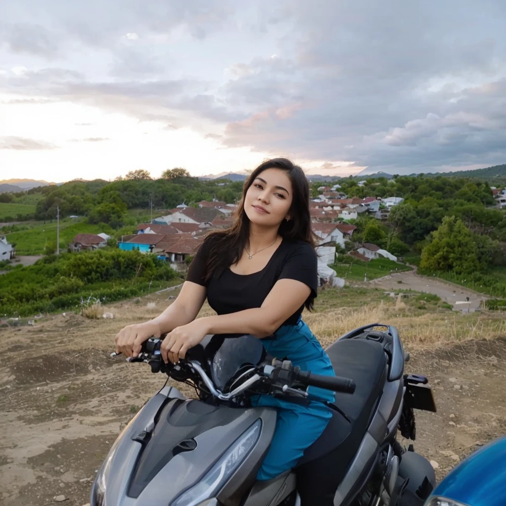 arafed woman sitting on a motorcycle on a hill overlooking a village, with sunset, during sunset, taken on go pro hero8, at the sunset, with a sunset, sunset view, sitting on a motorcycle, photo taken in 2 0 2 0, with vibrant sky, taken in 2 0 2 0, background blur, with mountains in the background