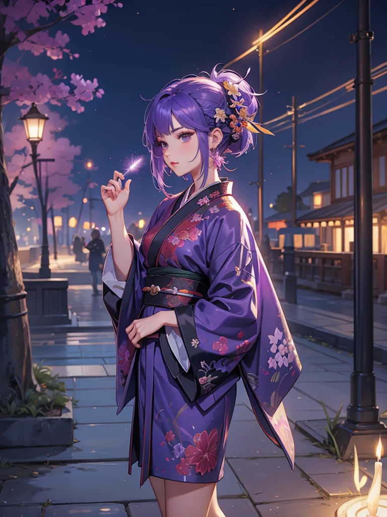 Ixia mobile legends kimono night fire work , purple hair, short hair