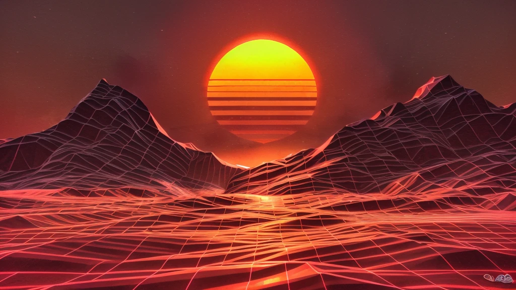 Sunset orange wireframe, Mountain々
