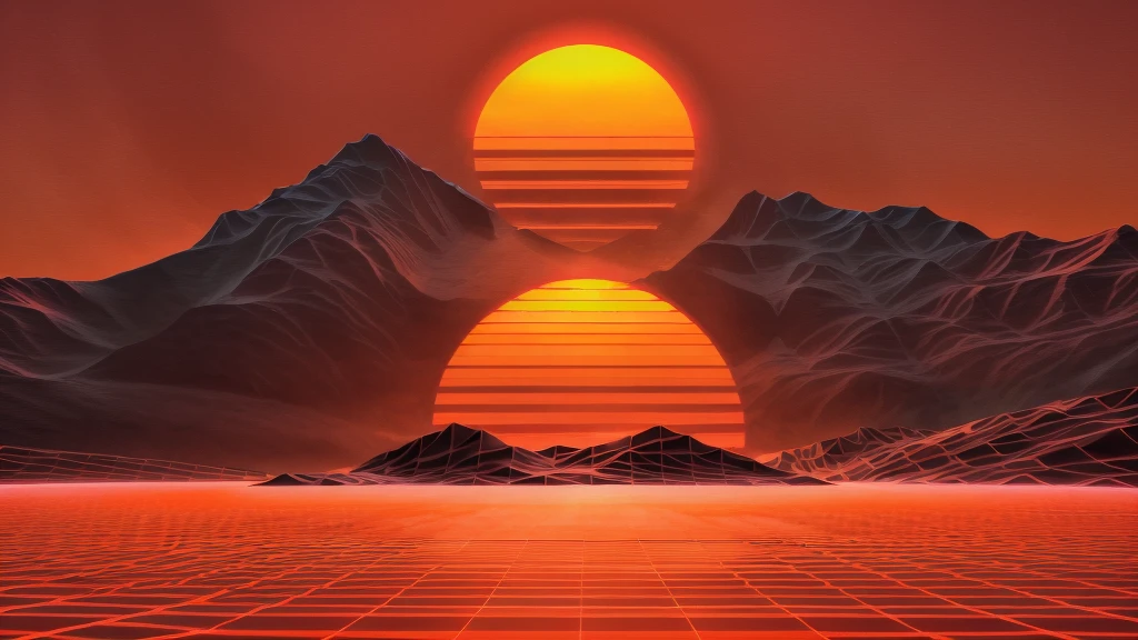 Sunset orange wireframe, Mountain々
