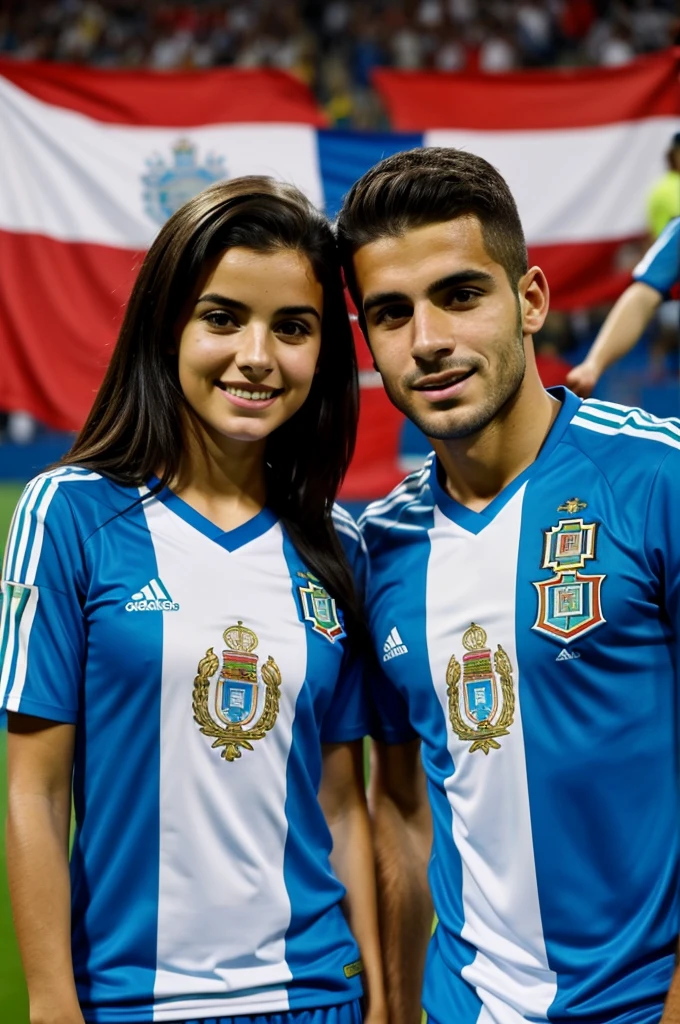 Couple of an Argentine girl and a Portuguese boy with the shirts of their countries in a soccer stadium