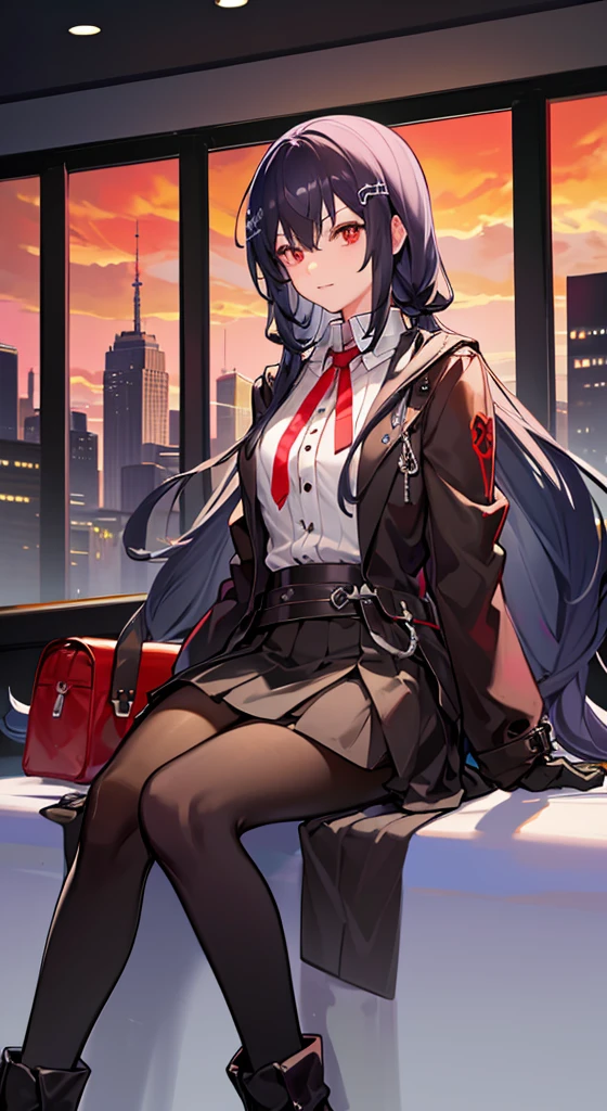 Girl with long white hair, red eyes, sitting on a guy with long black hair